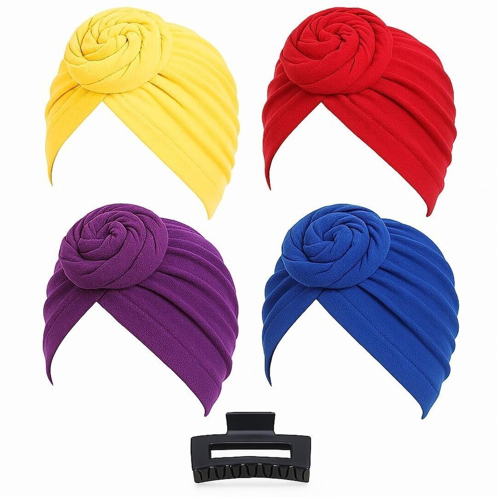 4083 4 Pcs African Headwrap Turbans & 1 Black Clip , Soft Stretchy Hair